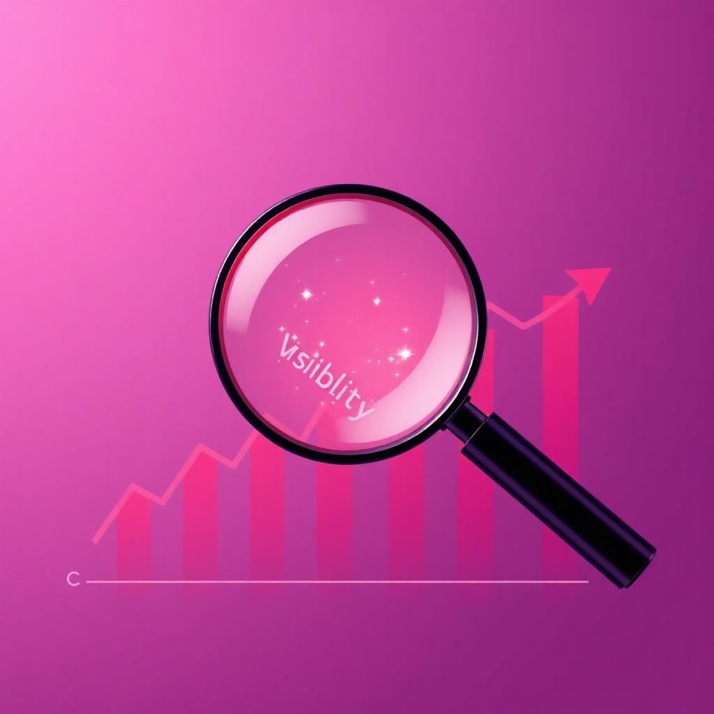Magnifying glass hovering over a rising visibility chart