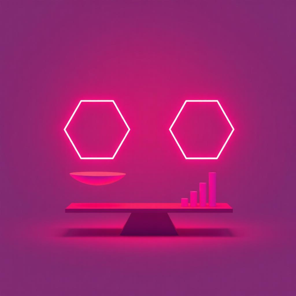 Two glowing hexagons on a scale with comparison bar graphs