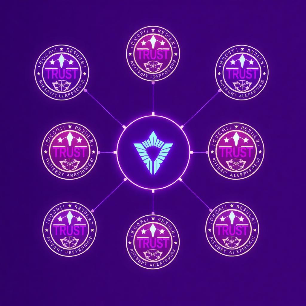 Trust badges connected by glowing lines to a central AI symbol