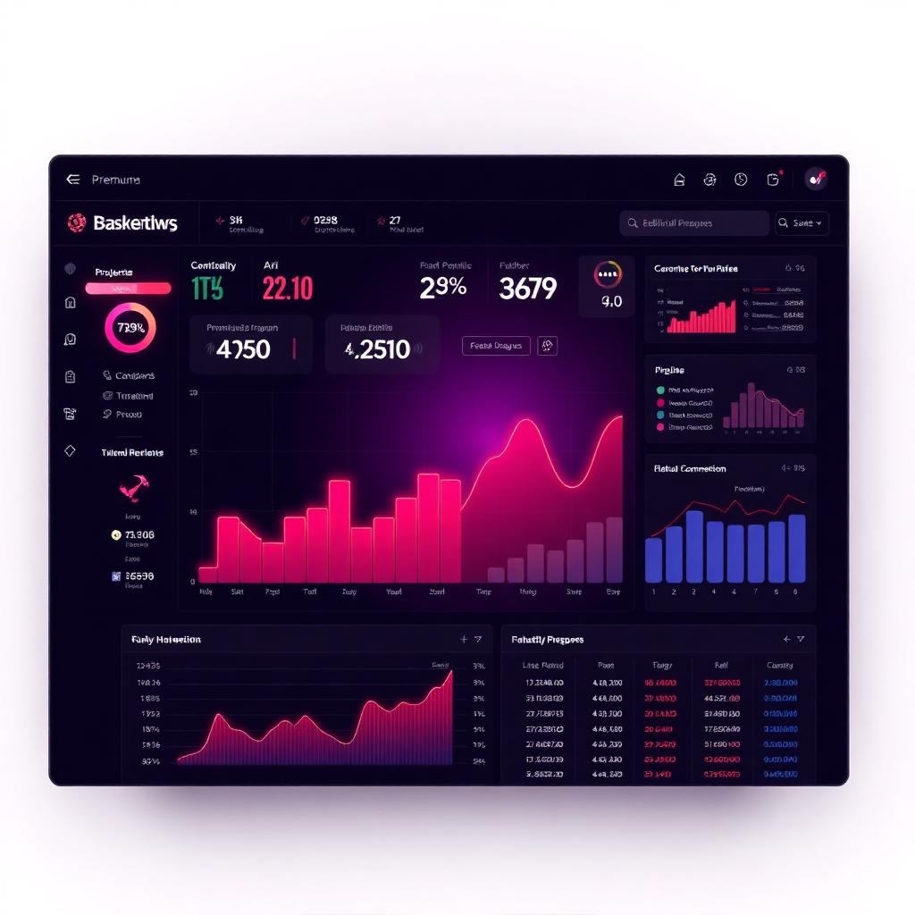 Futuristic B2B marketing dashboard with AI overlay and glowing metrics