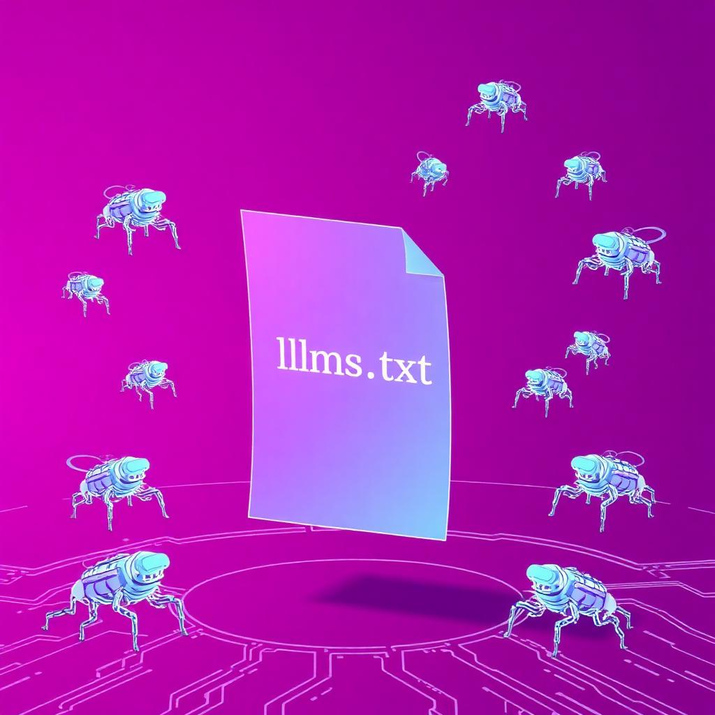 A floating llms.txt document surrounded by AI crawler robots
