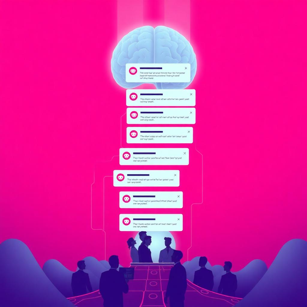 Reddit-style discussion threads feeding upward into a glowing AI brain